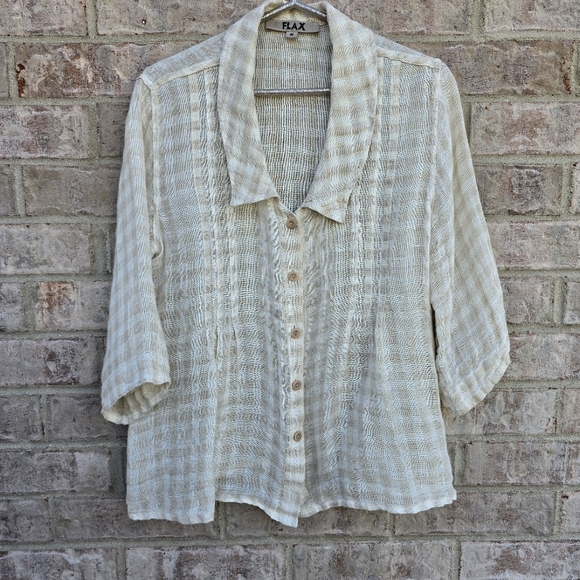 Flax Womens Striped Blouse Peter Pan Collar Button Front Linen Pleated Small - Picture 10 of 10